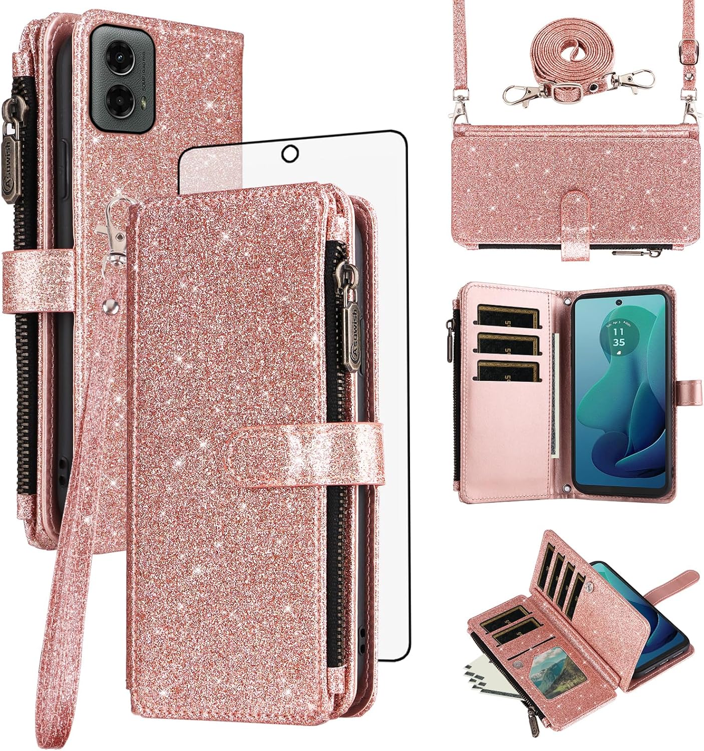 Asuwish Phone Case for Motorola Moto G 5G 2024 Wallet Accessories Stand Cell Cover with Tempered Glass Screen Protector Strap Bling Glitter Zipper Flip Credit Card Holder G5G 5 G G5 Women Rose Gold