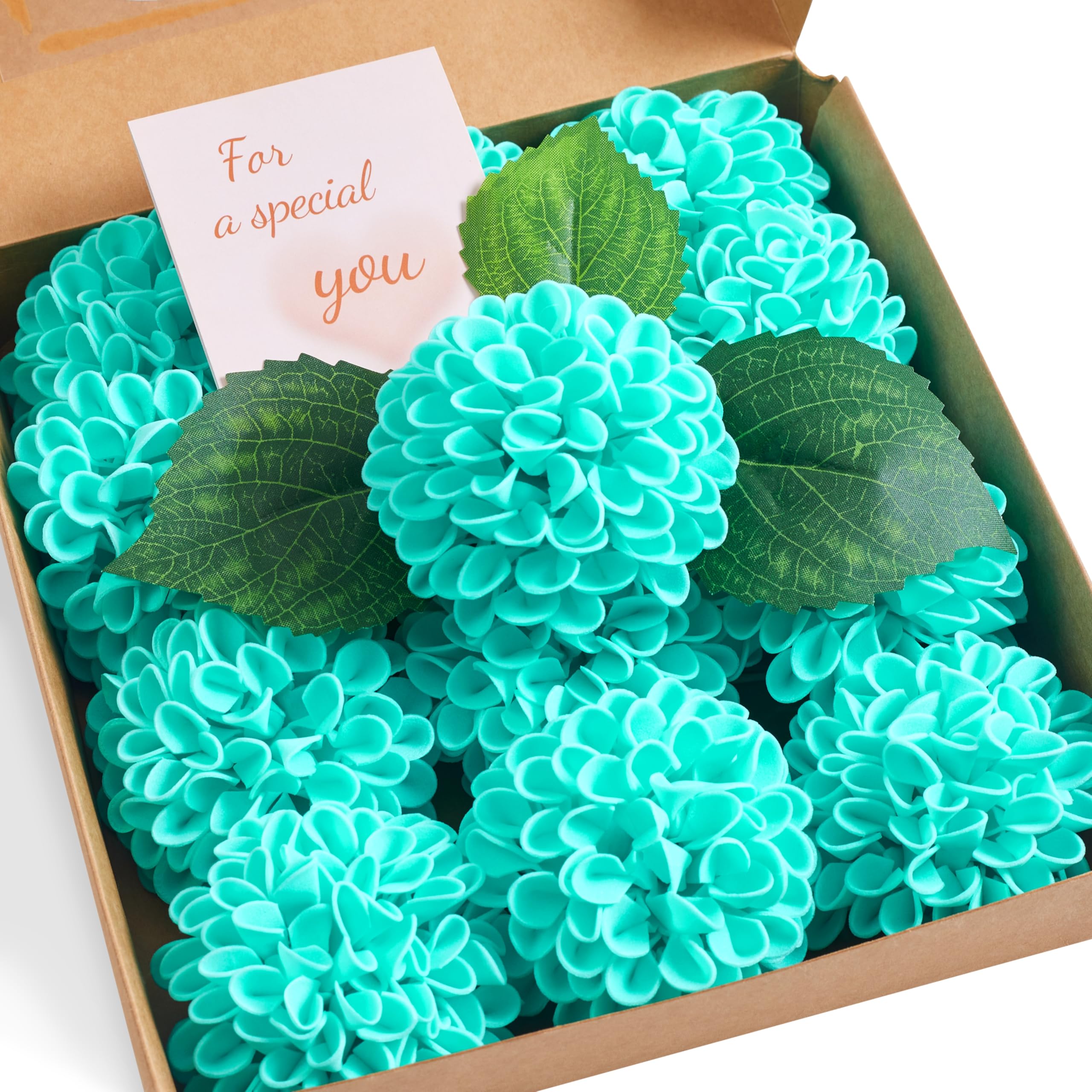 Sahoottie 12 Pcs Turquoise Artificial Chrysanthemum Flower Gift Box with Leaves and Stems Turquoise Fake Foam Chrysanthemum Flowers for Home Decor,Wedding Party,Garden,Floral Arrangement — image 1
