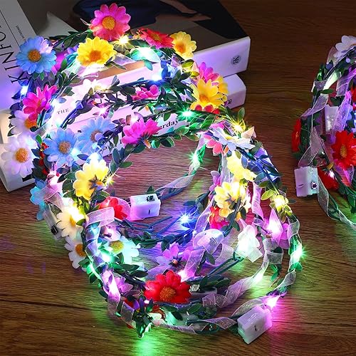 Miniatura 4 de Juego de 40 piezas de corona de diadema de flores LED, corona de flores iluminada, corona de flores brillantes para mujeres y niñas (estilo girasol)