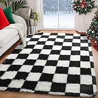 KICMOR 4x6 Black White Checkered Fluffy Shag Rug - Soft Plush Area Carpet for Bedroom, Living Room, Kids Nursery, Dorm Aesthetic Decor