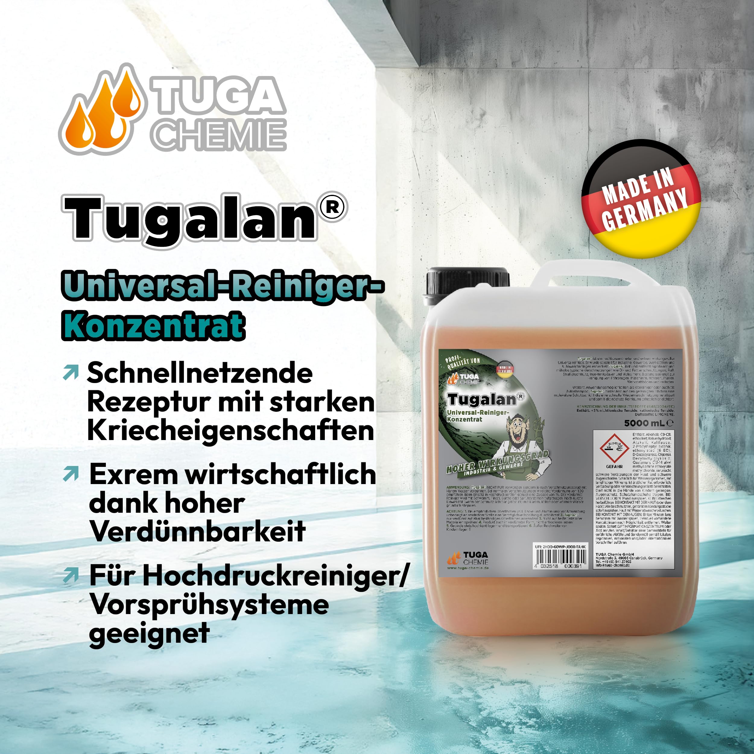Tuga Chemie Tugalan Werkstattreiniger Konzentrat, 5 L Kanister, kraftvoll | Industrie- & Werkstattreiniger gegen Öl, Fett & Schmutz, Hochkonzentriert, Vielseitig Einsetzbar, Made in Germany