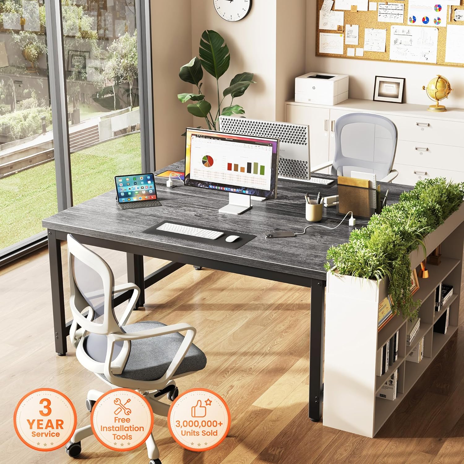 Huuger 55 x 24 inch Desk with Power Outlets & USB-C, Deeper & Thicker Desktop, Robust Metal Tubes, Computer Desk, Heavy Duty Office Desk, Work Gaming Desk for Home Office, Grey