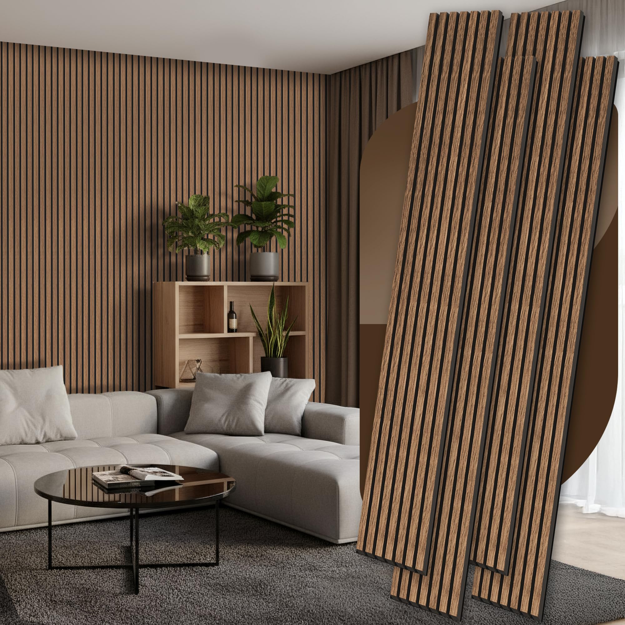 Photo 1 of 4 Pack Wood Panels for Wall, 106.3" × 11" Wood Slat Acoustic Panels for Wall, Soundproof Panels, 3D Fluted Panels for Interior Wall Decor (Walnut)