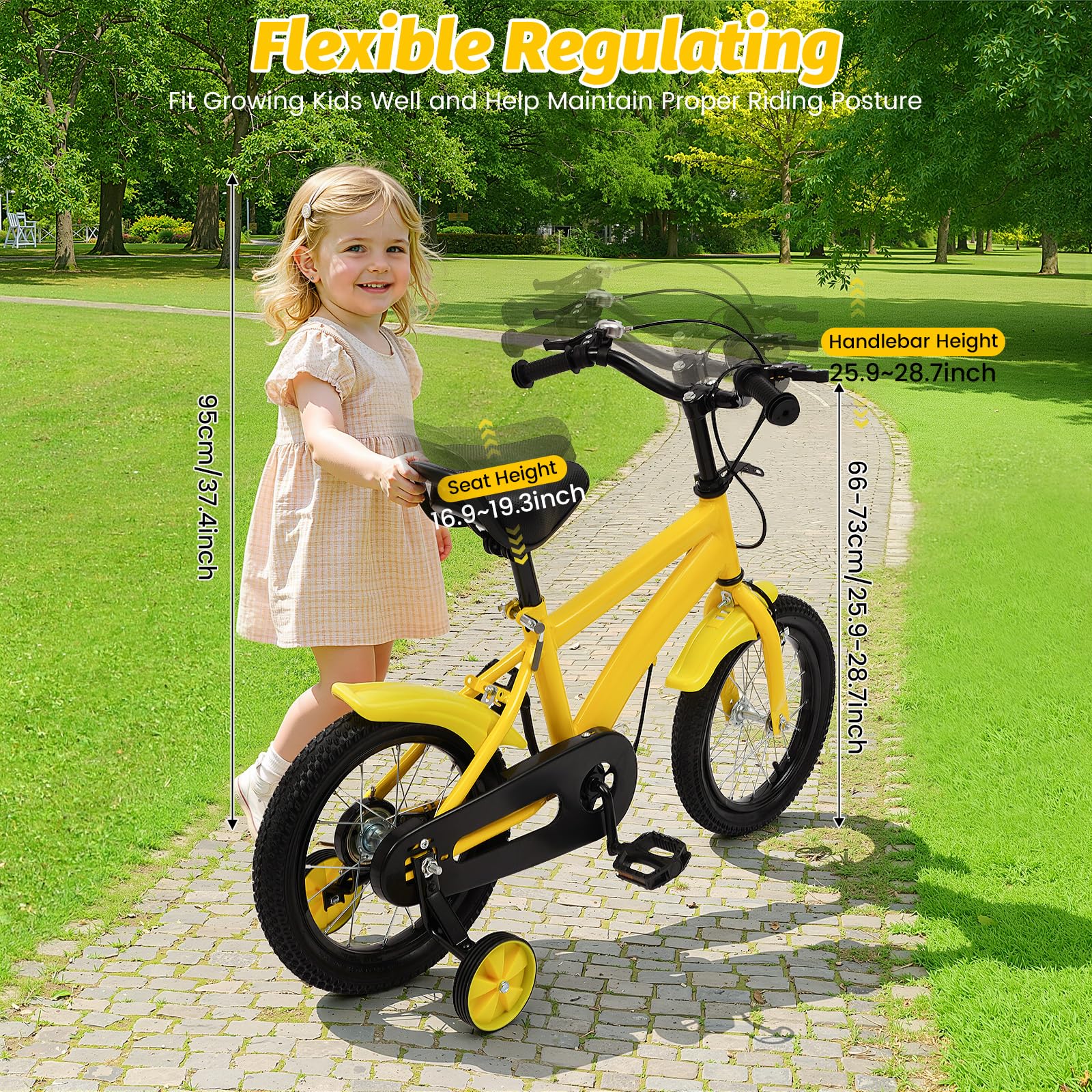 Bicicleta infantil de 14 pulgadas de altura ajustable a partir de 3 años, bicicleta segura con ruedas estabilizadoras y sistema de doble freno, para niños y niñas, perfecta para entrenamiento