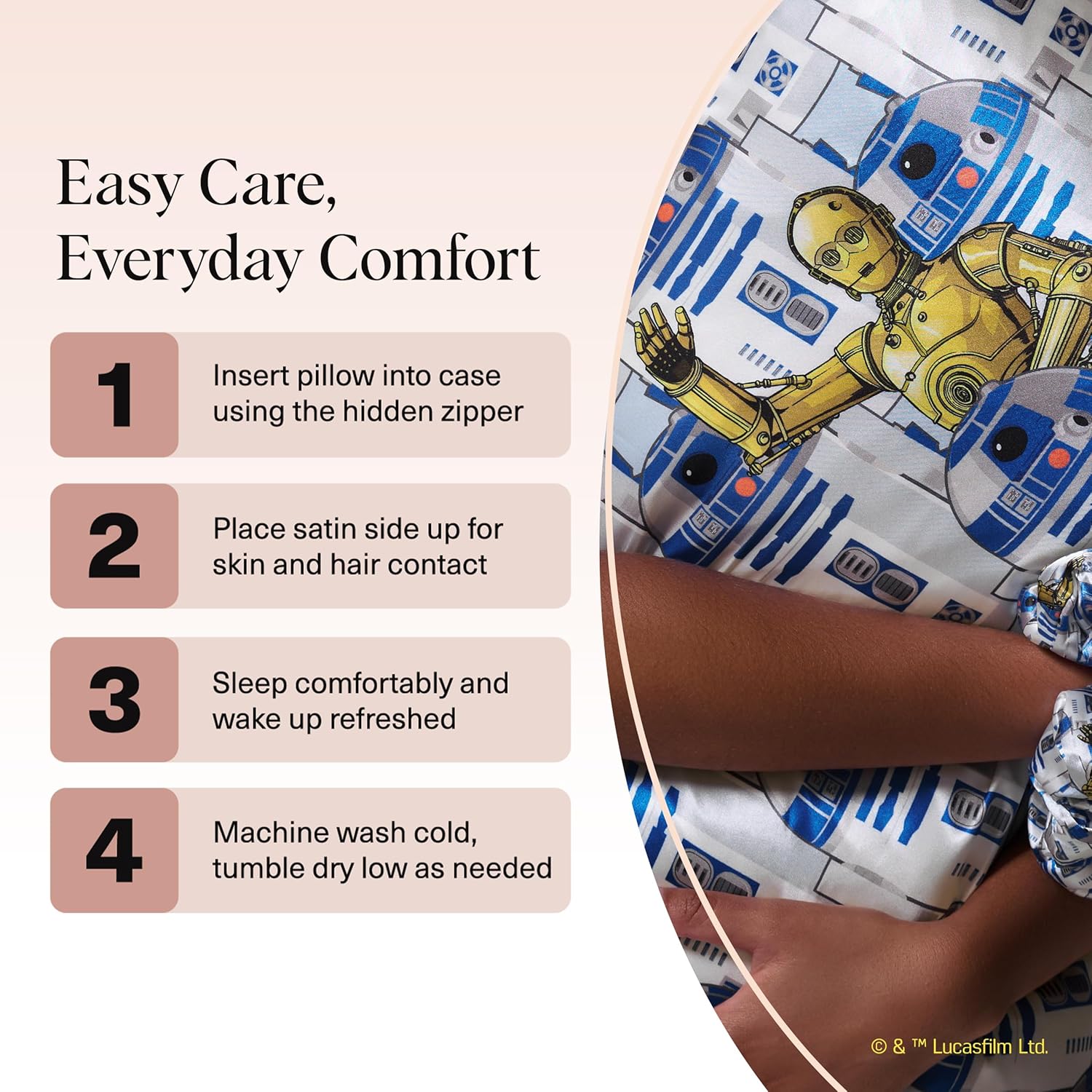 Kitsch x Star Wars R2-D2 & C-3PO Satin Pillowcase with Zipper for Hair & Skin - Softer Than Silk Pillow Cases, Cooling Satin Pillow Case, Wrinkle-Free Pillow Cases Standard Size, 19x26