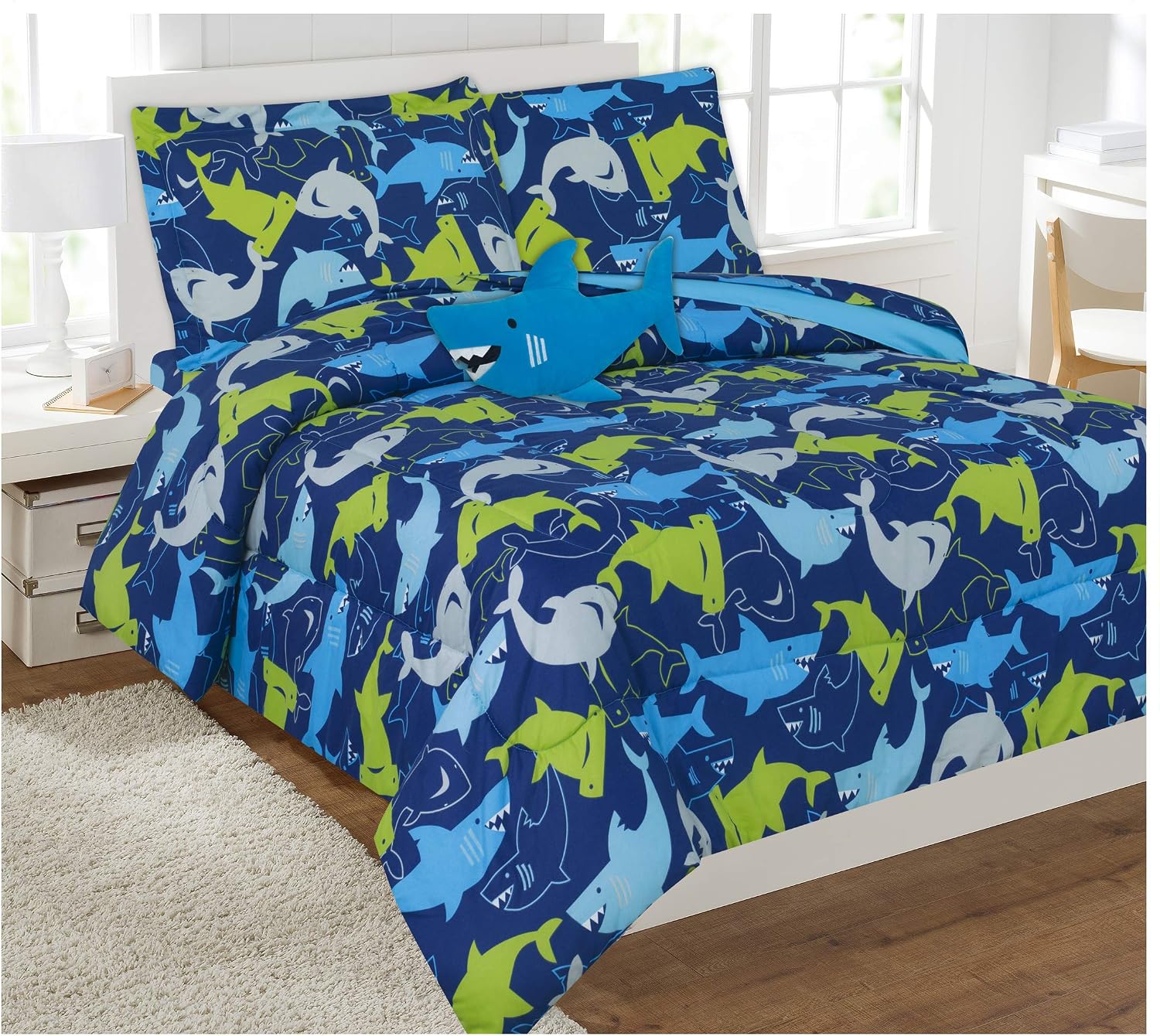 8 Piece Full Size Kids Boys Comforter Set Bed in Bag w/Shams, Sheet Set and Decorative Toy Pillow, Sharks Print Blue Green Comforter Bedding Set w/Sheets, Full 8pc Sharks Blue