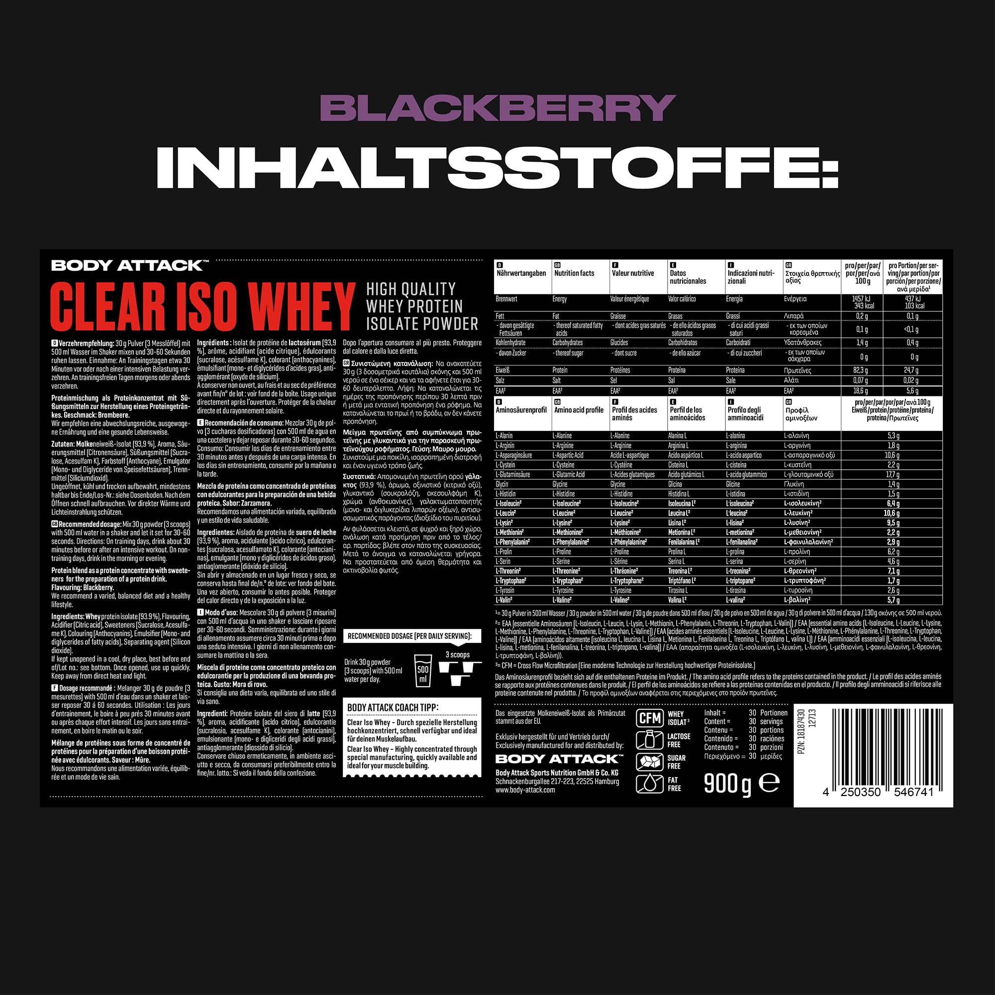 Body Attack Clear Iso Whey - Blackberry, 900 g - Made in Germany - orzeźwiający, przezroczysty izolat białka serwatkowego - 24 g białka i 11400 mg EAA na Iso Whey Shake, bez cukru i tłuszczu