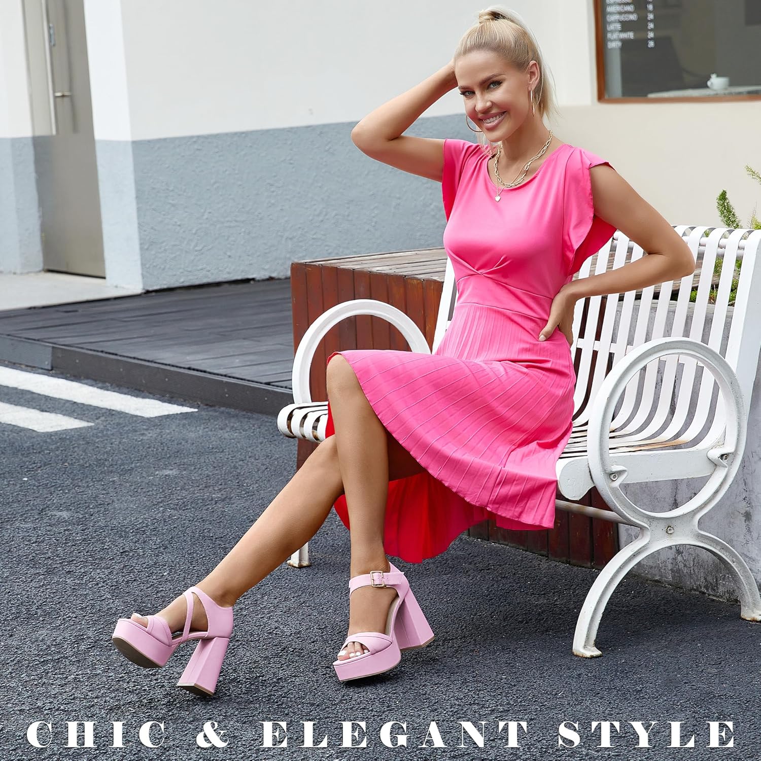 WSKEISP Platform Chunky Heels for Women Trendy Square Toe Heeled Sandals Black White Pink Silver Gold High Heels Ankle Strap Party Wedding Dress Pumps - Image 4