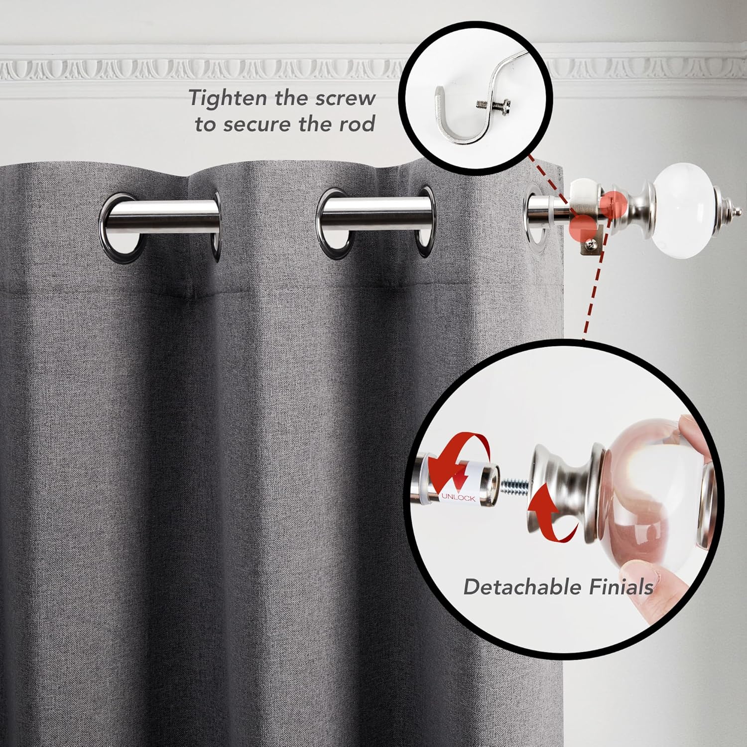 Deconovo Adjustable Single Curtain Rods (48 to 84 Inch, Nickel) with Rod Pocket Blackout Curtains (452x63 Inch, 2 Panels, True Red)