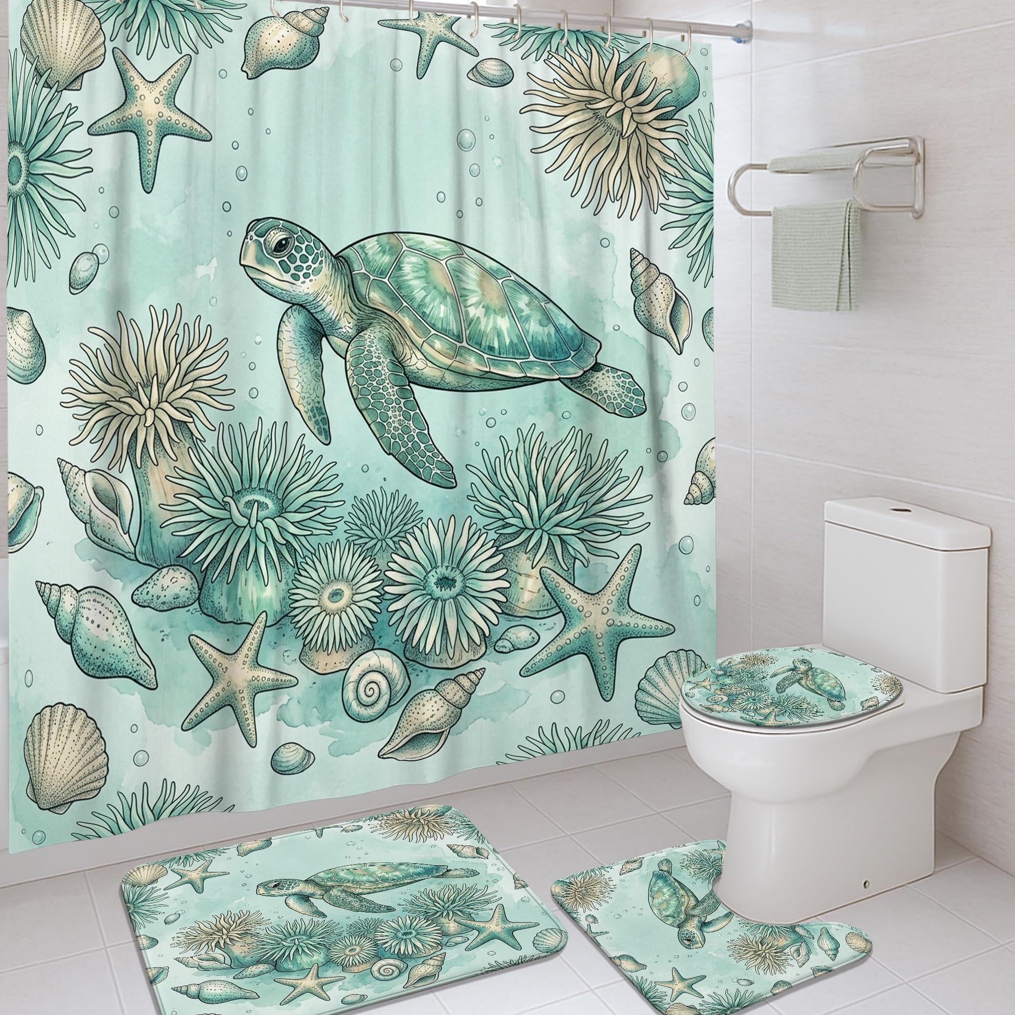 Rideau de douche tortue marine et tapis assorti pour salle de bain