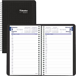 Blueline 2024 Essential Daily Planner, Appointment Book, 12 Months, January to December, Spiral Binding, 8" x 5", Bilingual, Black (C2504.81BT-24)