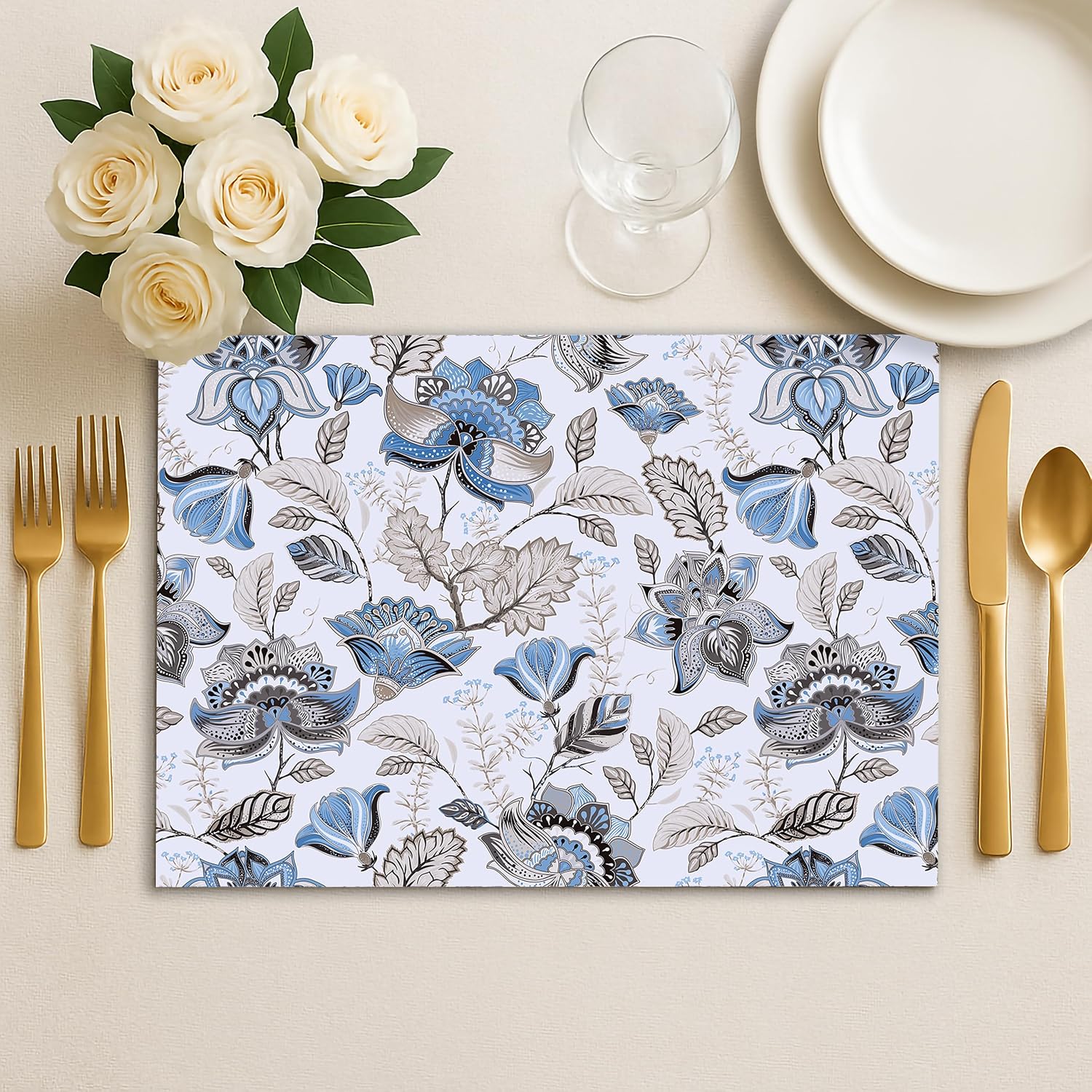 Blue Flower Placemat, Elegant Vintage Floral and Plants Pattern, Machine Washable Cotton Placemat, Set of 4