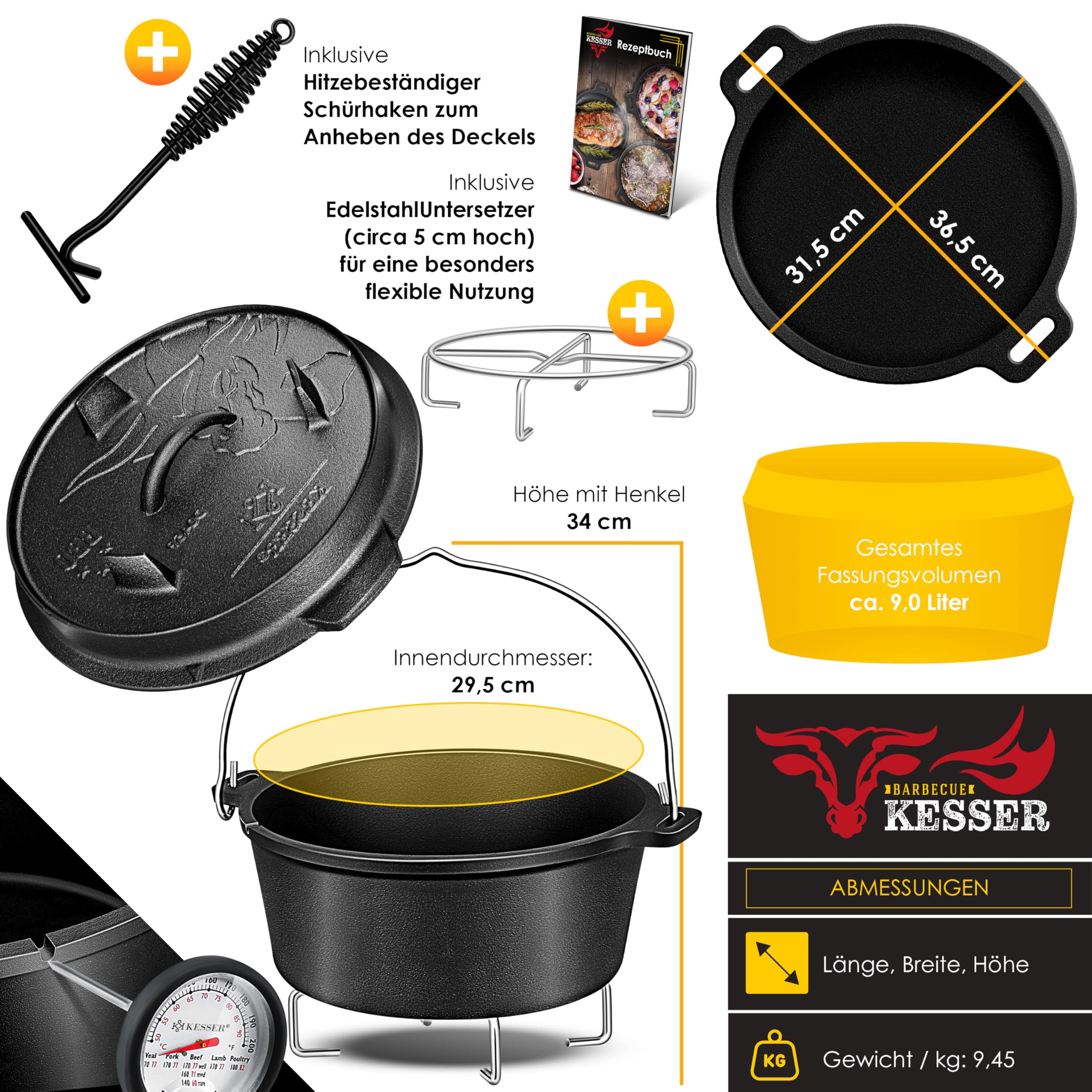 KESSER® Dutch Oven Set BBQ 9 litres, Marmite à feu avec dessous de plat en acier inoxydable, Casserole en fonte avec anse pour soulever le couvercle et fente pour le thermomètre, marmite de cuisson