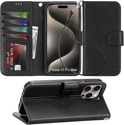 Miniatura 8 de Arae Funda compatible con iPhone 15 Pro Max con tarjetero y correa para la muñeca, funda con tapa para iPhone 15 Pro Max de 6.7 pulgadas, bloqueo