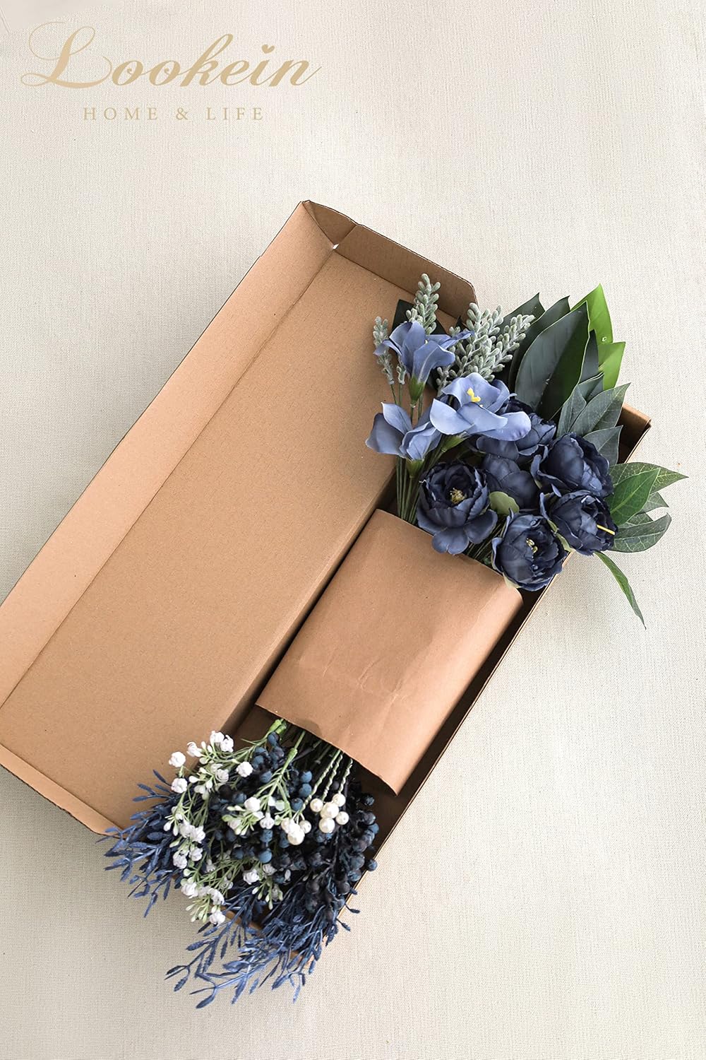 Lookein Artificial Greenery Filler Stems Box Set, 53 Pcs with 6 Kinds Fuax Greenery Stems for DIY Table Filler Decor Wedding Centerpices Bridal Bouquet Table Centerpieces, Navy Blue
