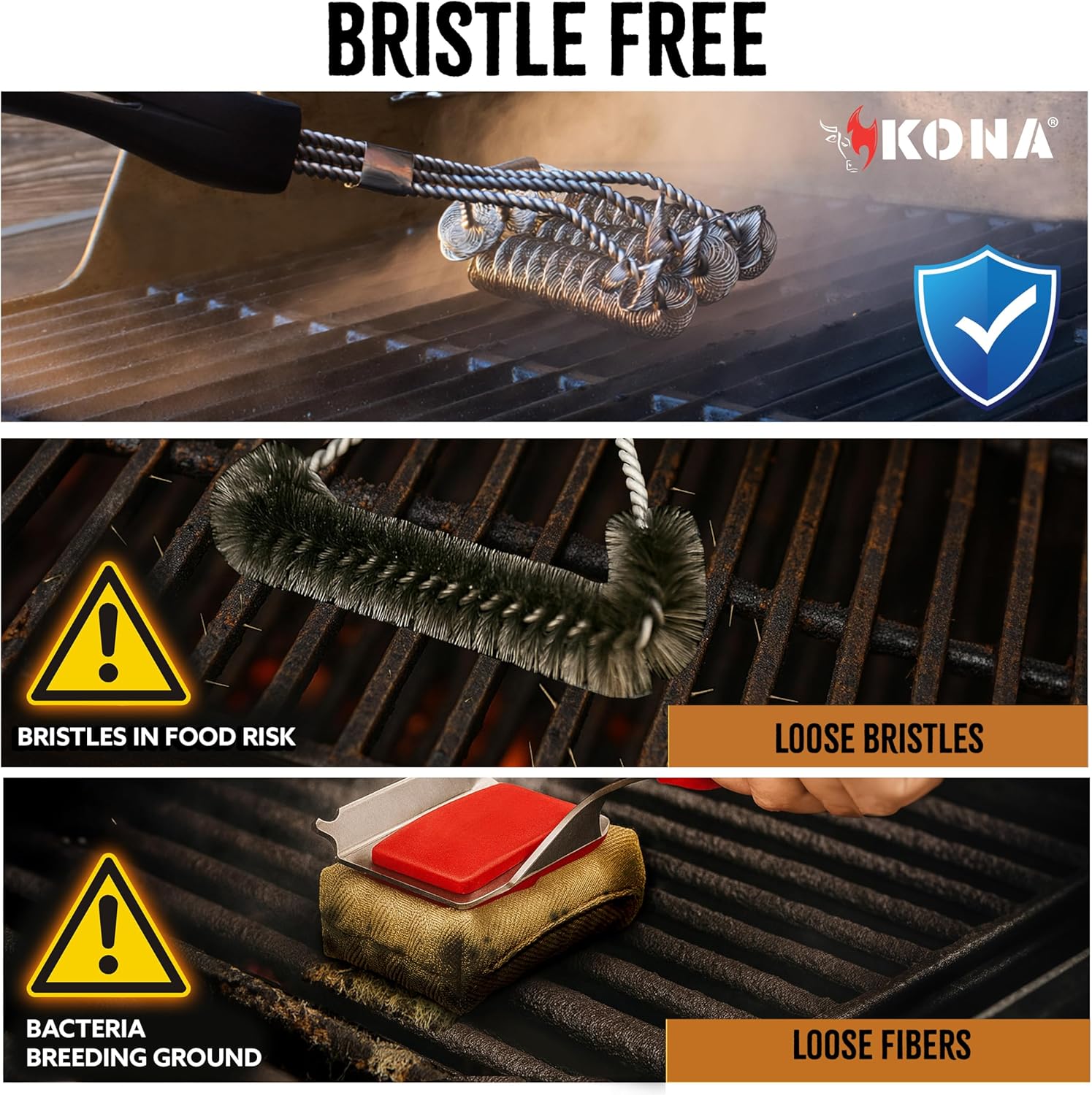 Kona Safe/Clean Grill Brush - Bristle Free BBQ Grill Brush for Outdoor Grill- 100% Rust Resistant Stainless Steel Barbecue Grill Cleaner - Safe for Porcelain, Ceramic, Steel, Cast Iron, Grilling Gift
