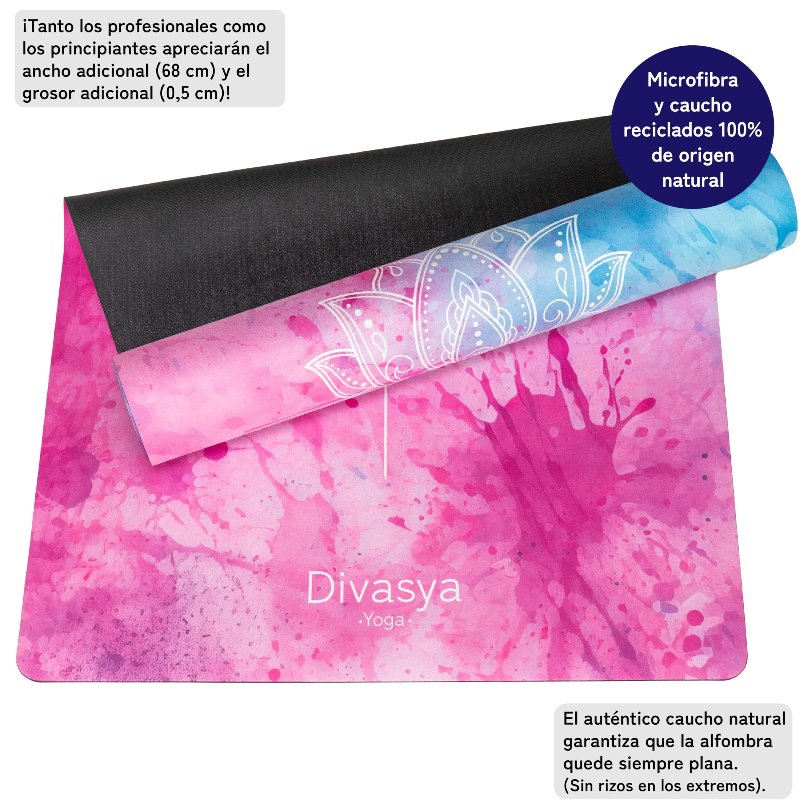 Esterilla de yoga sostenible y antideslizante: caucho natural antideslizante y superficie de microfibra absorbente, extra ancha y gruesa 183 x 68 x 0,5 cm, correa de transporte