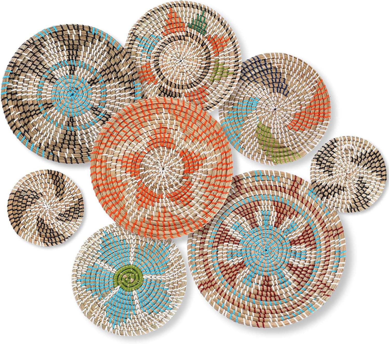 Ziliny Boho Wall Basket Decor Set of 8 Decorative Hanging Woven Basket Art Round Farmhouse African Woven Bowl Decor for Kitchen Rustic Home Summer Decorations, Multi Sizes(Colorful)