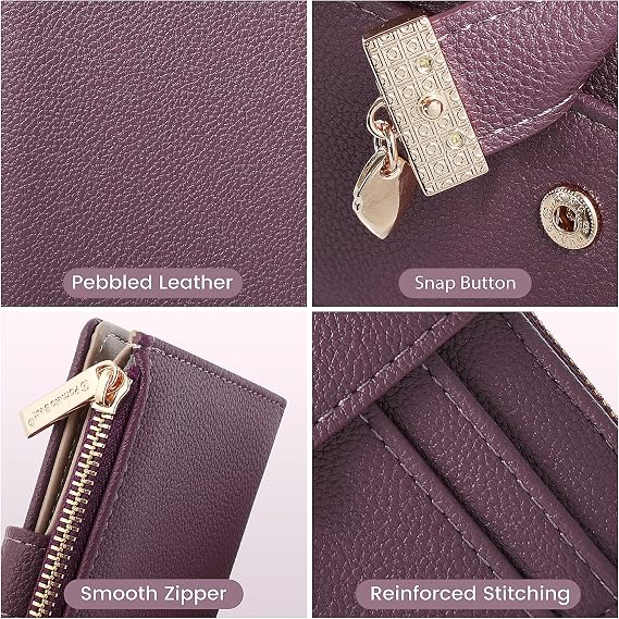 Pomelo Best Women's RFID Wallet - Vegan Leather Bi-fold Small Ladies Purse with Zipper Coin Pocket & ID Window - Leaf Charm Compact Wallet for Women (Deep Plum)