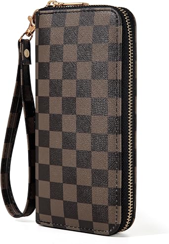 Checkered Highland Cow Print Book Wallet For Women Skull Goth Frog Butterfly Ladies Cluth Wristlet Wrist Strap Long Purse Zip Around Card Holder