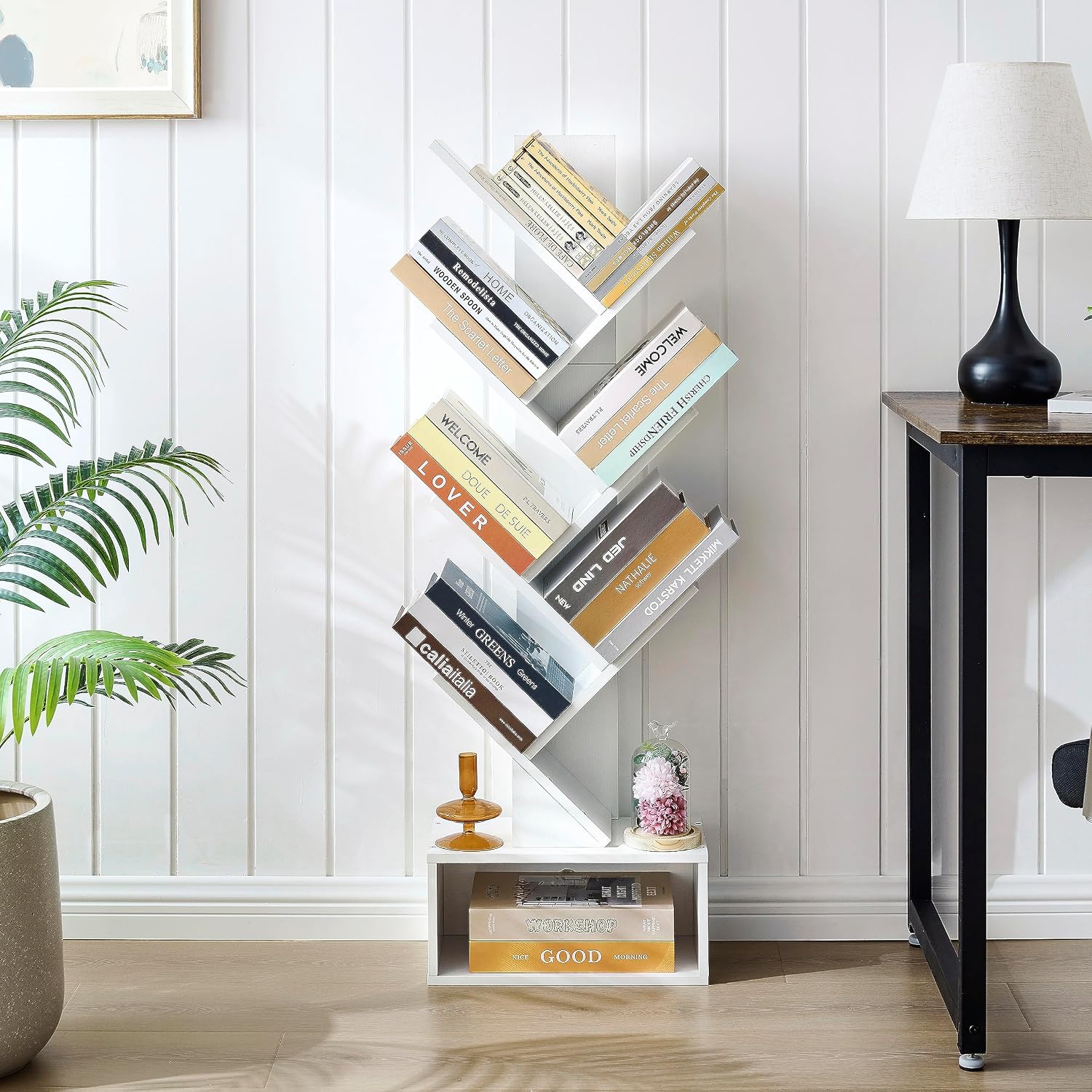 رف كتب من 6 طبقات بتصميم شجرة من هوكتيون، خزانة كتب طويلة مع درج، رف كتب قائم بذاته، رف تخزين قائم على الأرض، أرفف منظمة للكتب للمنزل والمكتب وغرفة المعيشة وغرفة النوم، أبيض - الصورة 5