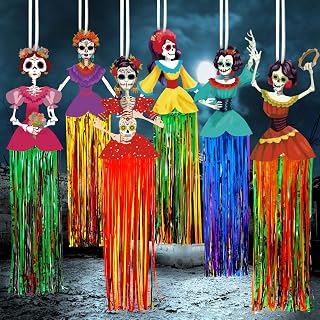 6 Pieces Day of The Dead Decorations 3 Ft Dia De Los Muertos Hanging Sugar Skull Decors Mexican Fiesta Halloween Day of The Dead Party Favor Supplies Dia Muertos Exterior Indoor Home Decor (Vintage)