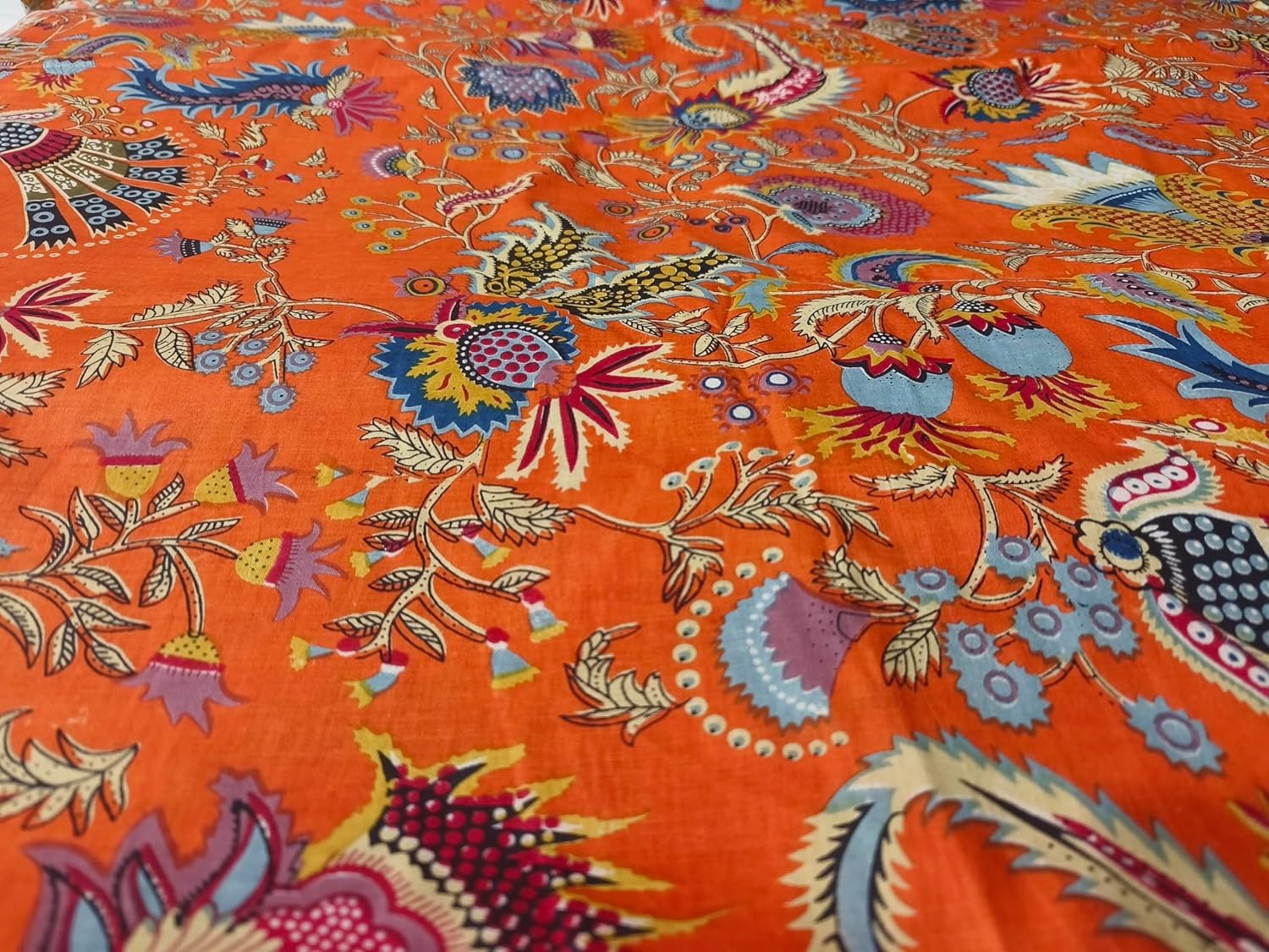 Indian Hand-Block Printed Jaipuri Mukut Floral Print Ethnic Sanganer Kurti Print Cotton Fabric (5 Yards, Orange Mukut)