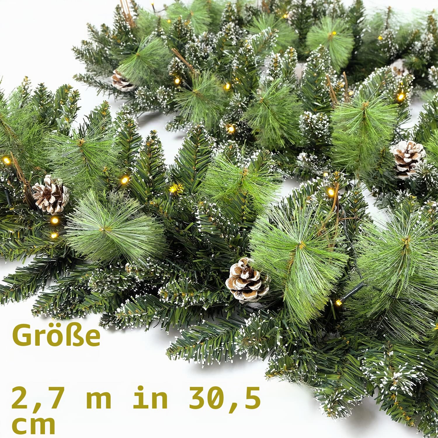 HomeKaren Weihnachtsgirlande vorbeleuchtet 2.7M mit 50 LED-Lichtern, Tannenzapfen und Schneestil Weihnachtsgirlande, batteriebetriebene Weihnachtsdekoration für Manteltreppe Indoor Outdoor