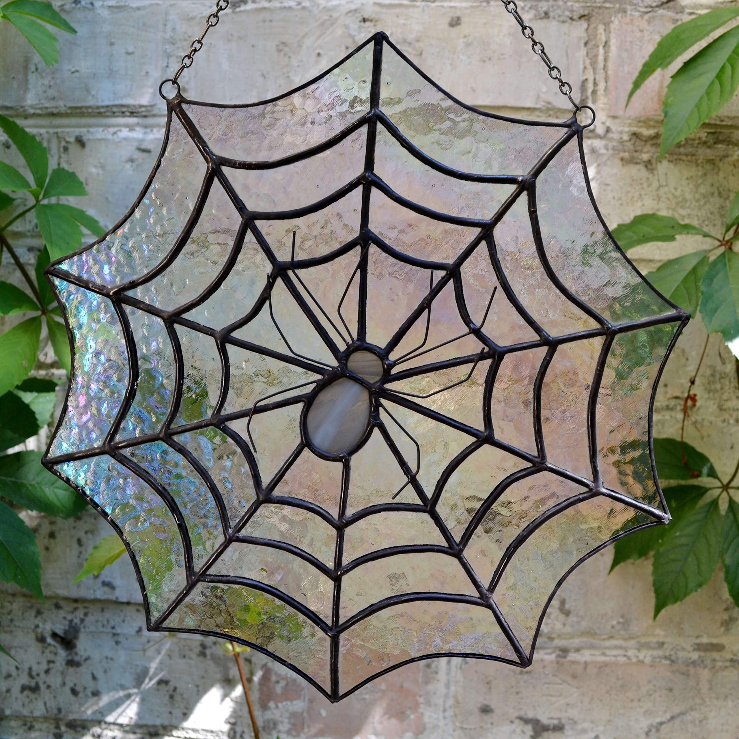 Stained Glass Spider Web Suncatcher, Spiderweb Art Panel for Window Hanging or Wall Decor, Spooky Halloween Sun Catcher, Gothic Theme Aesthetic Decoration Living Room Bedroom, Witchy Gift for Women