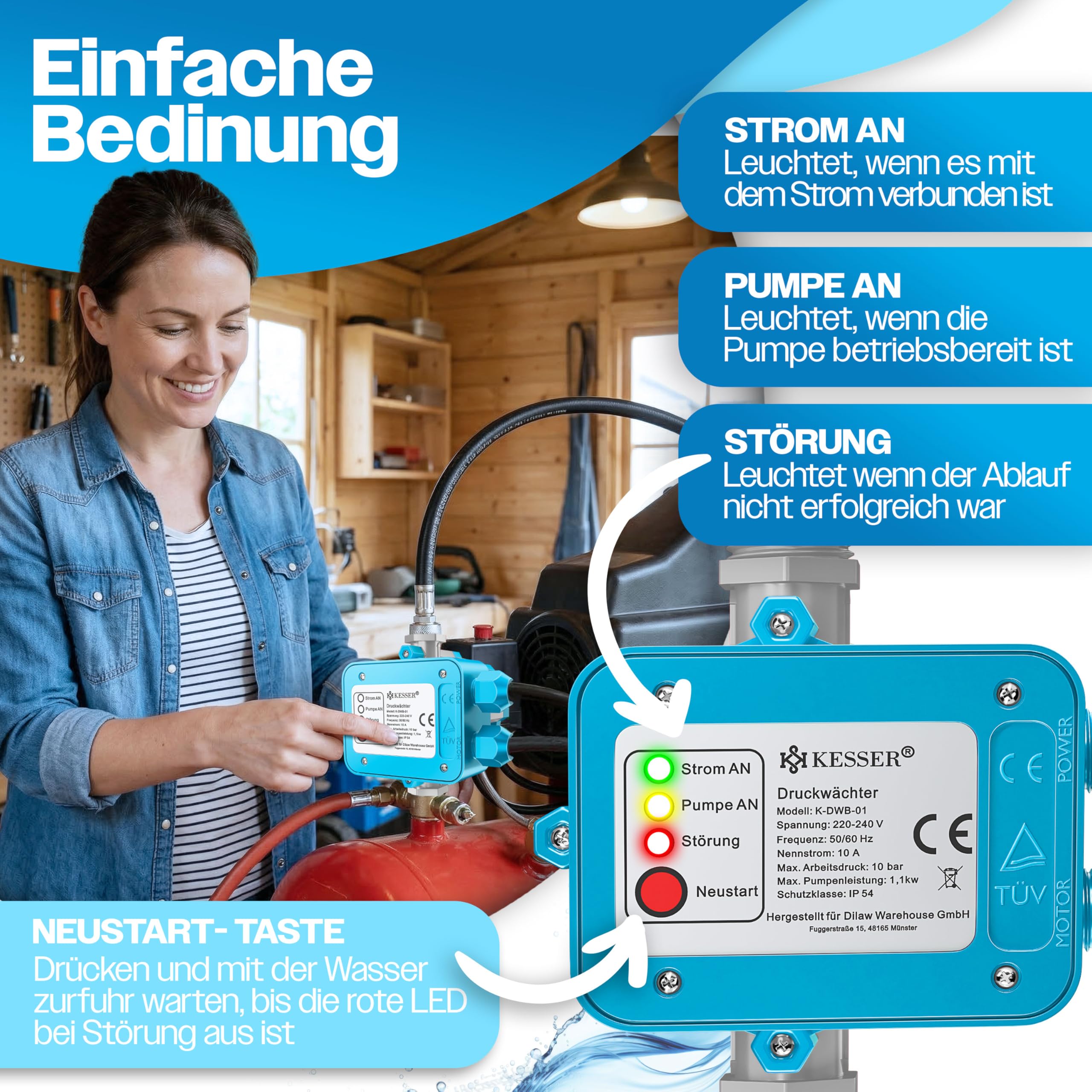 KESSER® Commande de pompe avec affichage du bar avec câble 10 bar Pressostat électrique
