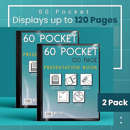 Miniatura 4 de Better Office Products Libro de presentación negro encuadernado con 60 bolsillos, con cubierta frontal transparente, 120 páginas protectoras de