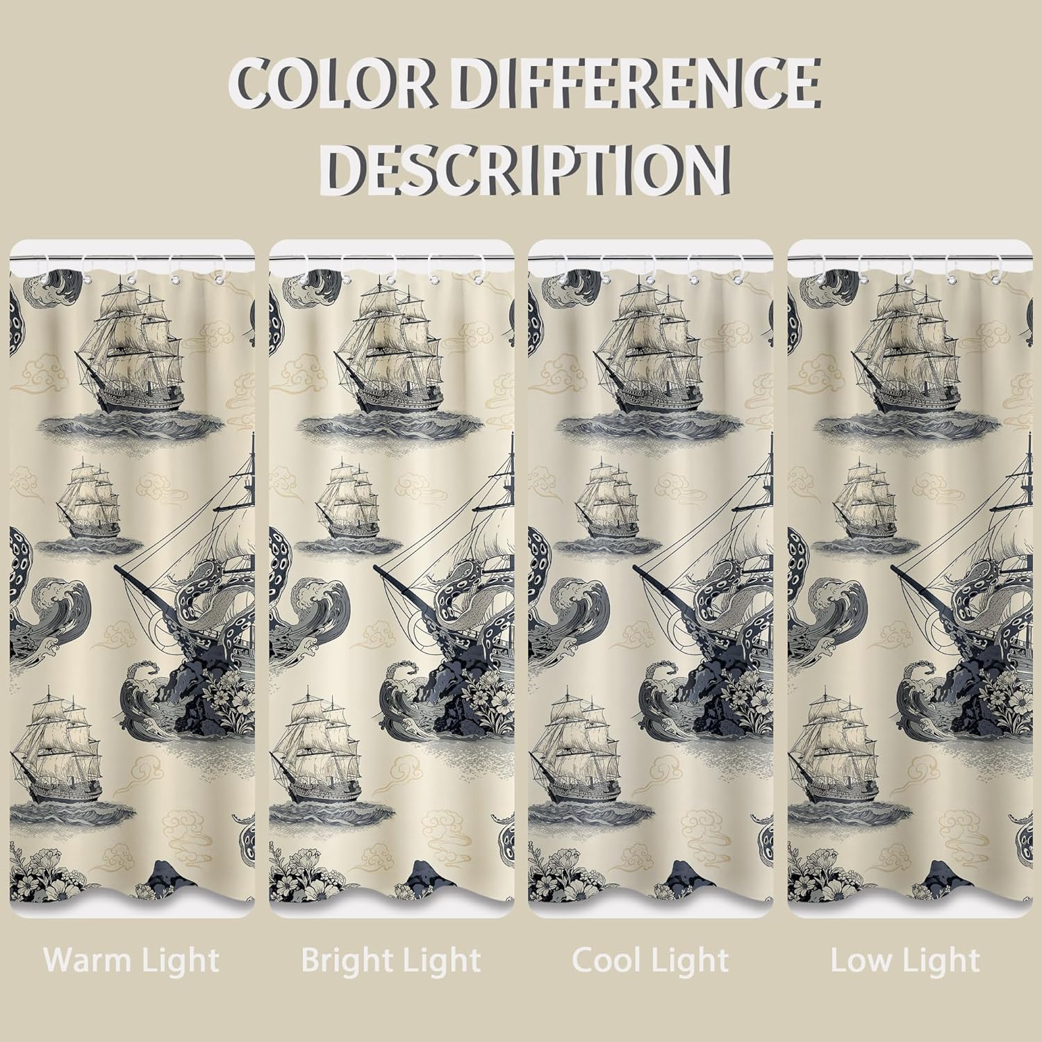 Vintage Nautical Shower Curtain Octopus Kraken Shower Curtains for Bathroom Decor Sets, Waterproof Cloth Fabric with Hooks, 70 x 78 Inch