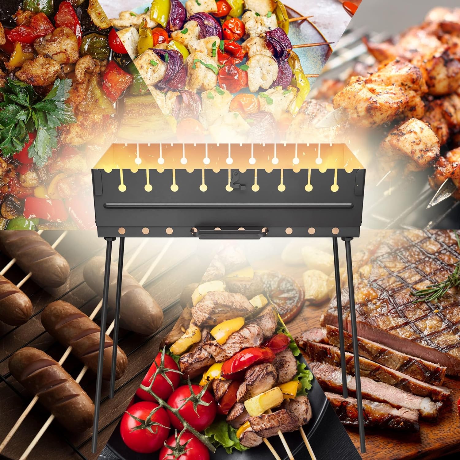 Charcoal Grill for 10 Skewers - Portable Barbecue Kabob Camp Grills - Foldable Metal Mangal - Kebab Shish BBQ for EDC Picnic Outdoor Cooking Camping Hiking NB10