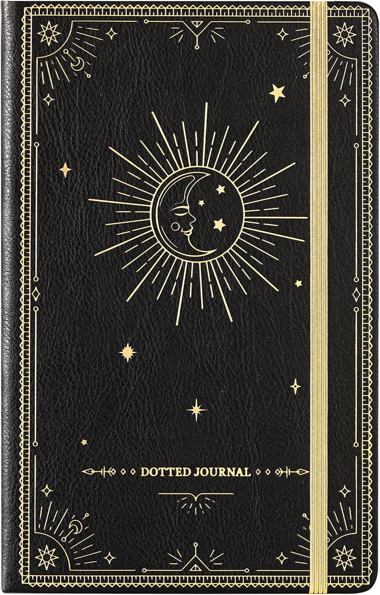 Artfan Dotted Journal/Notebook - Dot Grid Hard Cover Notebook, Premium Thick Paper with Fine Inner Pocket, Black Smooth Faux Leather, Pen Loop, 5.8''×8.4'' - Black