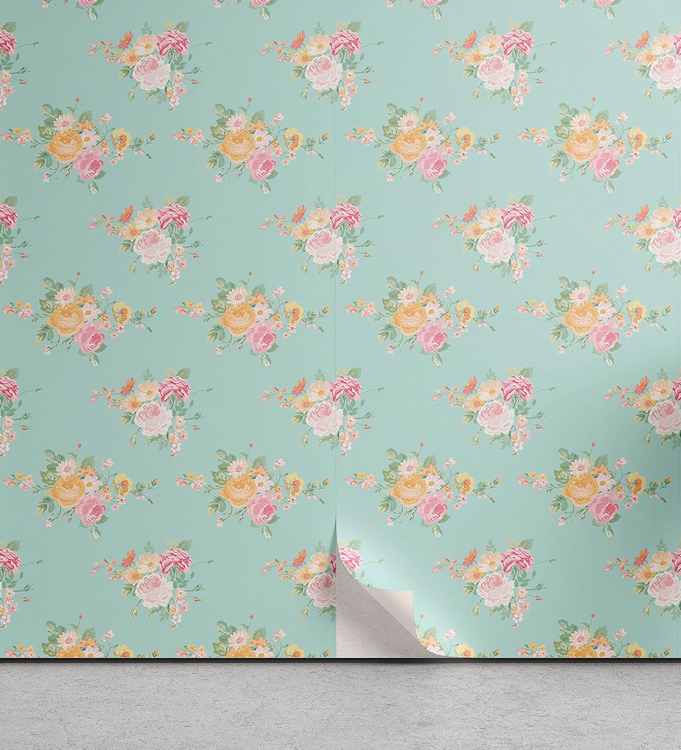 Lunarable Roses Peel & Stick Wallpaper for Home, Floral Shabby Form Pattern with Wildflower Bouquets Soulful Spring Garden Themed, Self-Adhesive Living Room Kitchen Accent, 13 x 36, Pale Blue Pink