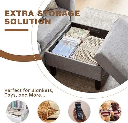 Miniatura 7 de Juego de sofá seccional de 2 piezas, juego de sofá y silla de 3 asientos con bolsillos laterales y otomana de almacenamiento móvil, moderno juego de