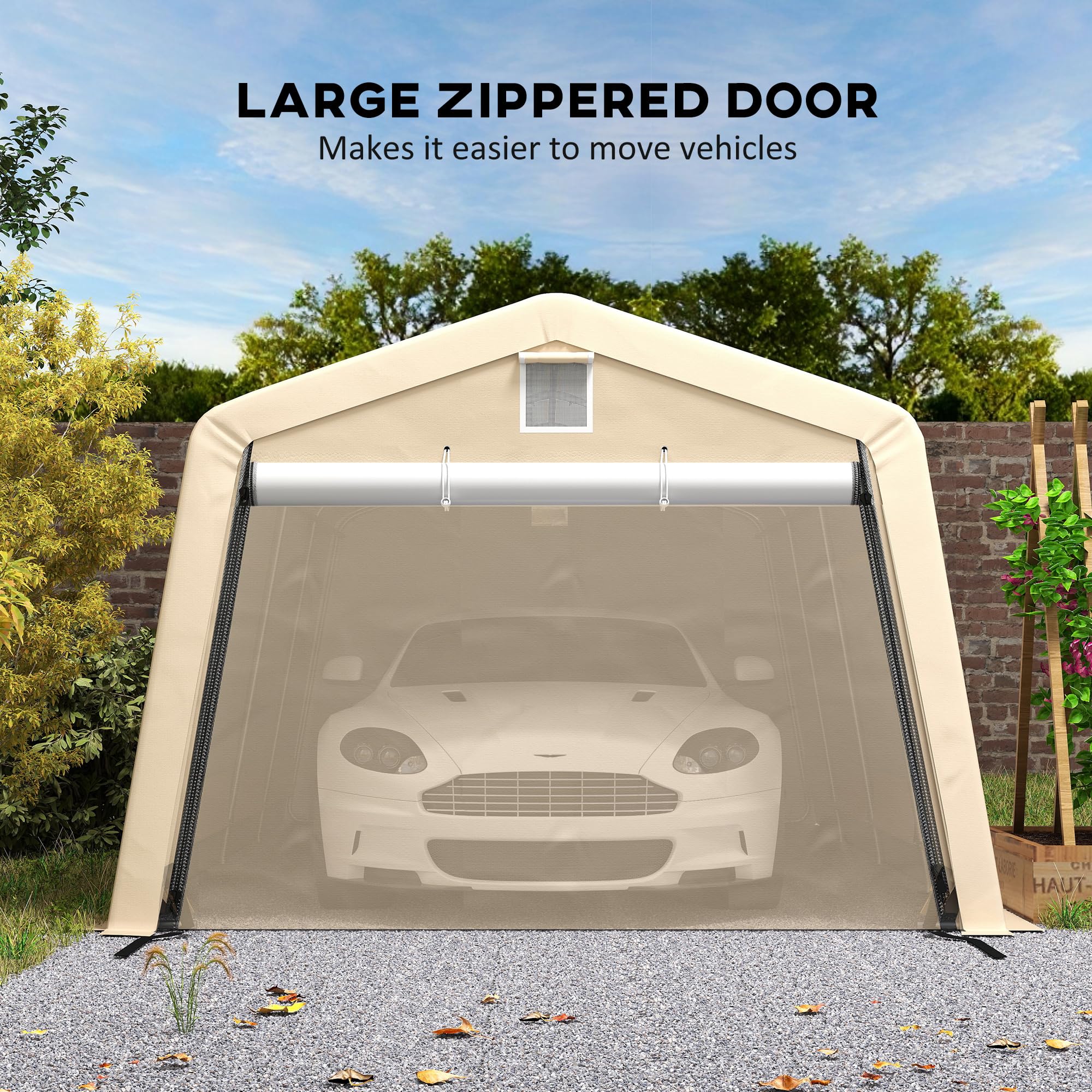 Garaje Outsunny Tente Dim. 6,2L x 3,3l x 2,4H m Robusto Acero galvanizado PE Alta Densidad 150 g/m² Impermeable Anti-UV, 1 Puerta Caqui y 2 respiraderos