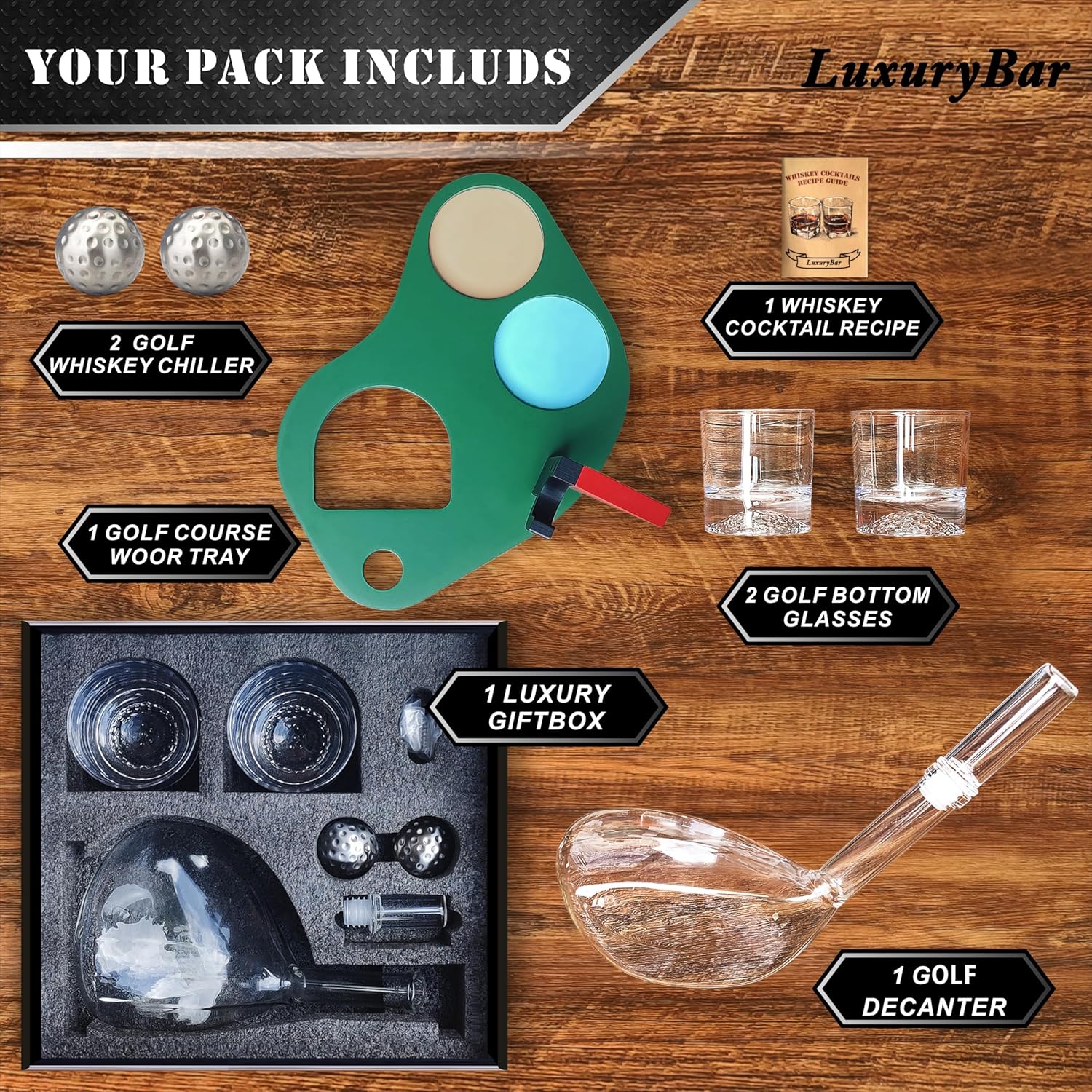 Golf Whiskey Decanter Set 25.4oz Whiskey Decanter Sets for Men with 2 Chiller, 2 Glasses&Tray, Golf Accessories for Mens Bourbon Golf Gifts for Men Dad Him Husband Boyfriend Liquor Dispenser