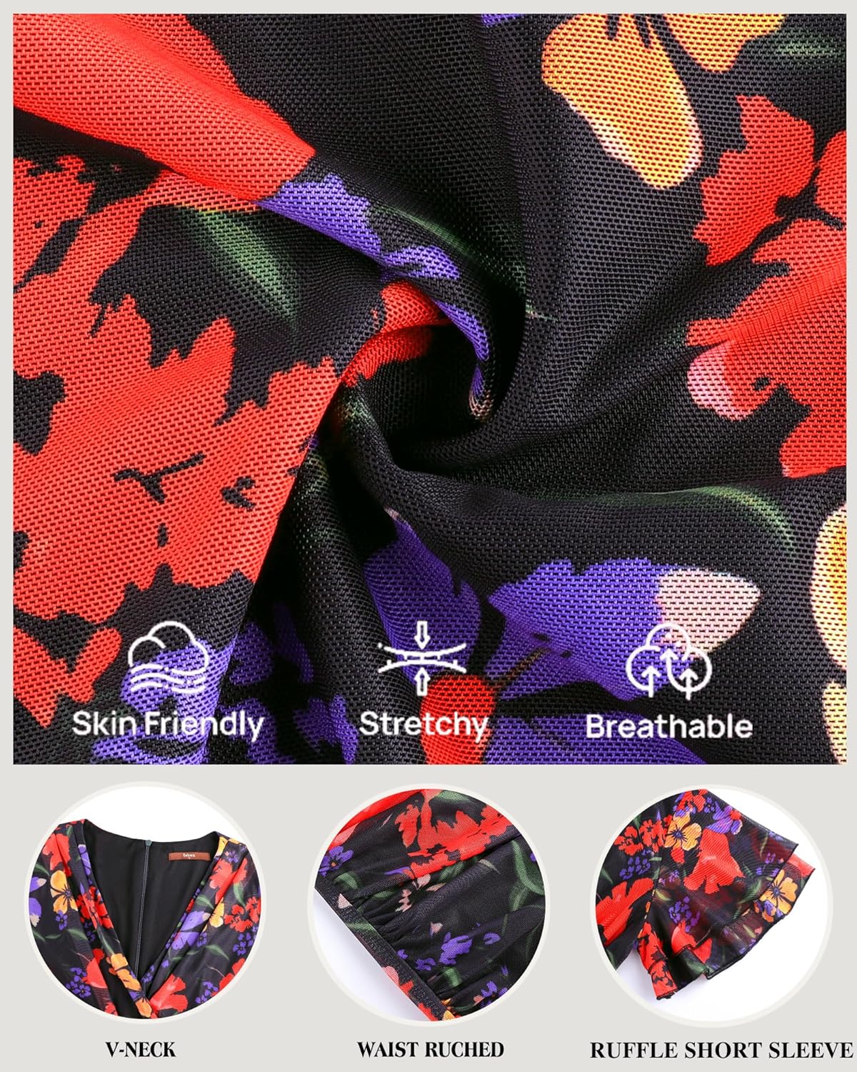 Gaharu Women's Summer Floral Bodycon Maxi Dress 2026 Ruched Mesh Ruffle Sleeve Spring Wedding Guest Cocktail Party Dresses - Image 6