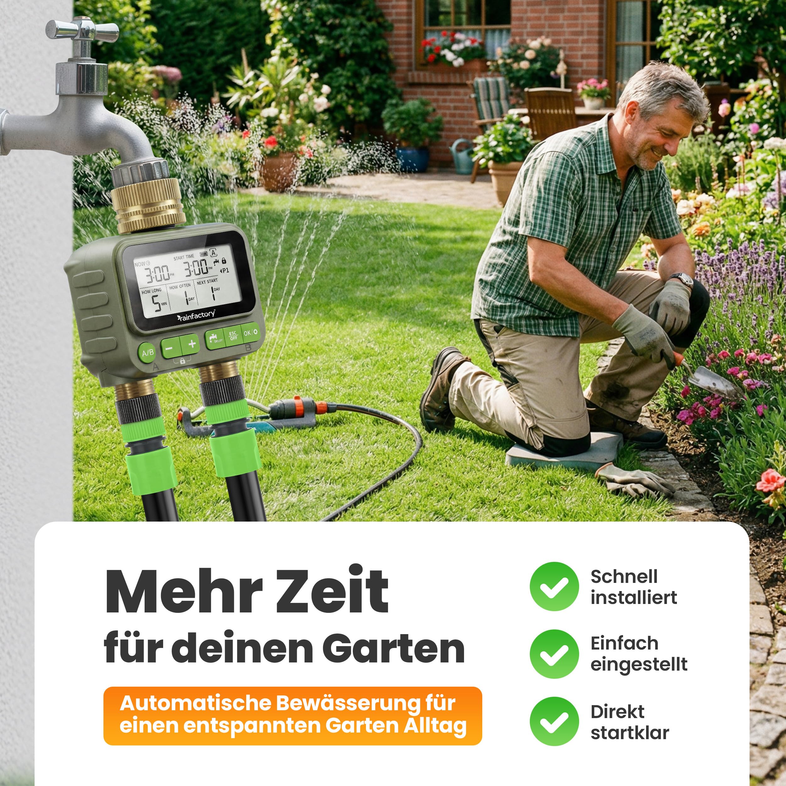 rainfactory Bewässerungscomputer 2 Ausgänge - automatische Bewässerungssteuerung für Garten - Bewässerungsuhr mit 4 Programmen, Delay - Wasser Zeitschaltuhr IP65, 3/4 Zoll für Rasen Beet & Topf Balkon