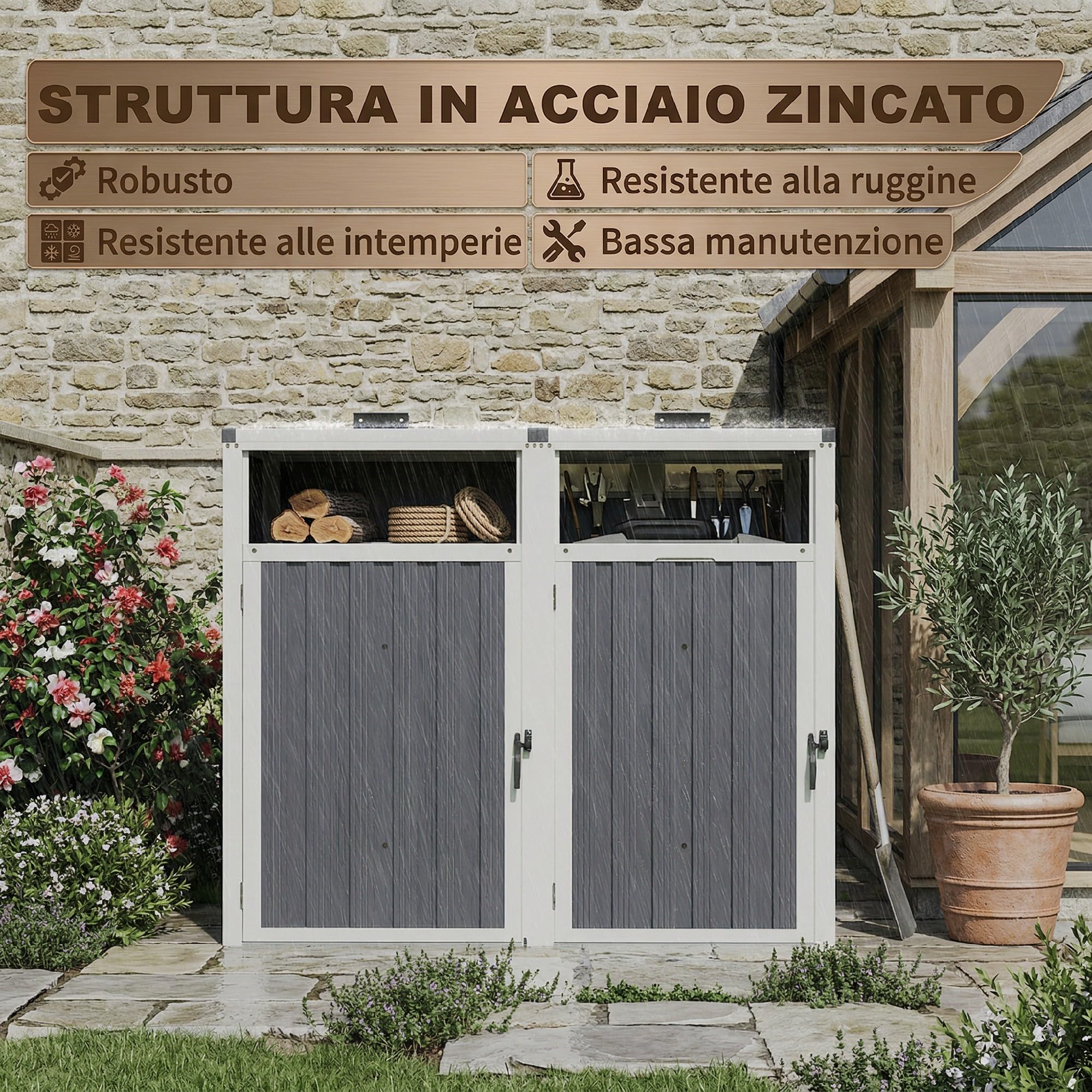 Outsunny Casetta per Spazzatura Esterna a 2 Sezioni in Acciaio Zincato con Coperchio Sollevabile a 180° Capanno da Giardino per Giardino e Patio 146x81x122 cm Grigio Scuro