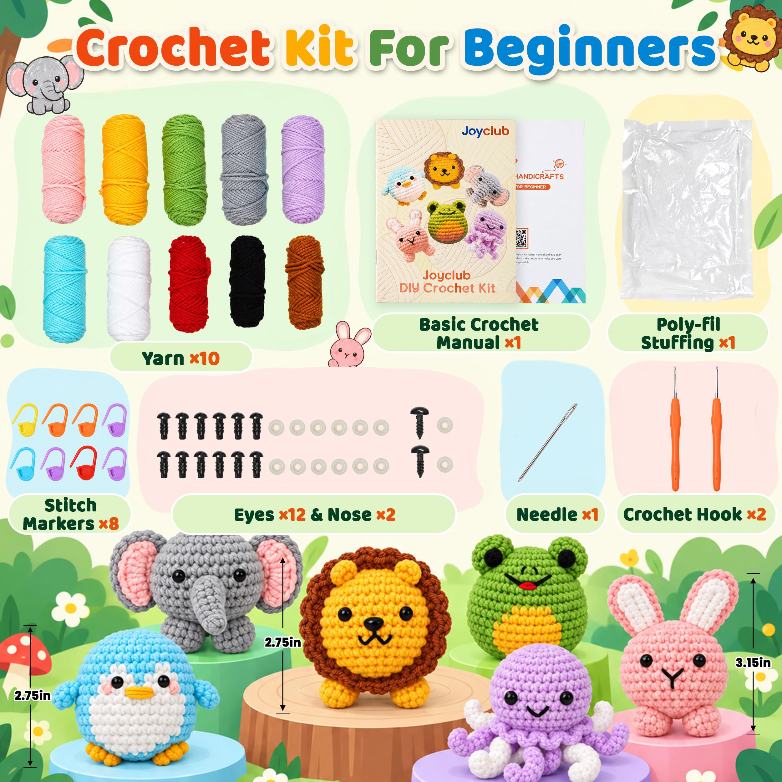 Joyclub Kit de ganchillo para principiantes, 6 familias de animales con