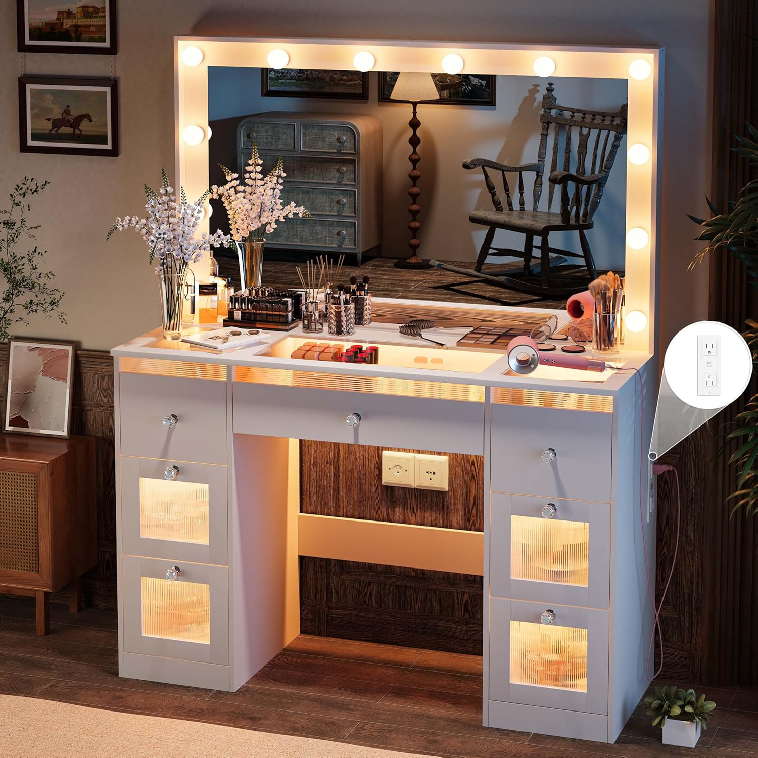 Makeup Vanity Desk with Mirror and Lights, Glass Top Vanity Table with 7 Large Lighted Drawers, Makeup Desk with Power Outlet for Women & Grils, Dressing Table for Bedroom, White