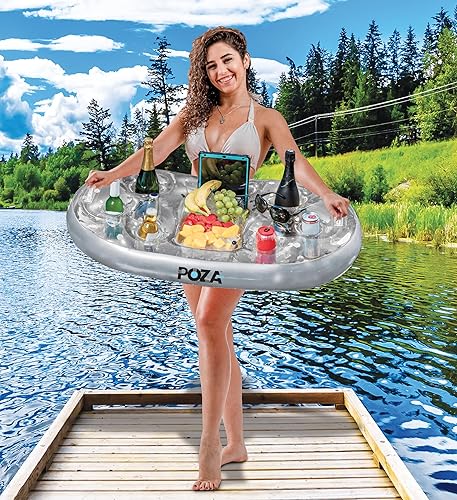 Miniatura 7 de POZA Hielera flotante inflable dorada  Lujoso soporte para bebidas relleno de confeti brillante, flotador de fiesta premium con 8 soportes, barra de