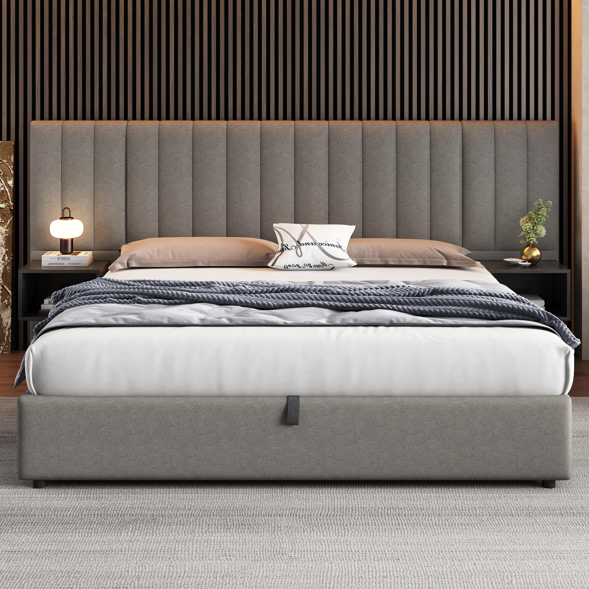 Cama Tapizada 180 x 200 cm con Almacenaje Hidráulico y Dos Mesillas con Cajones, Somier de Láminas de Madera, Cama para Dormitorio de Adultos y Jóvenes, Fácil Montaje, Tela Lino, Gris y Negro