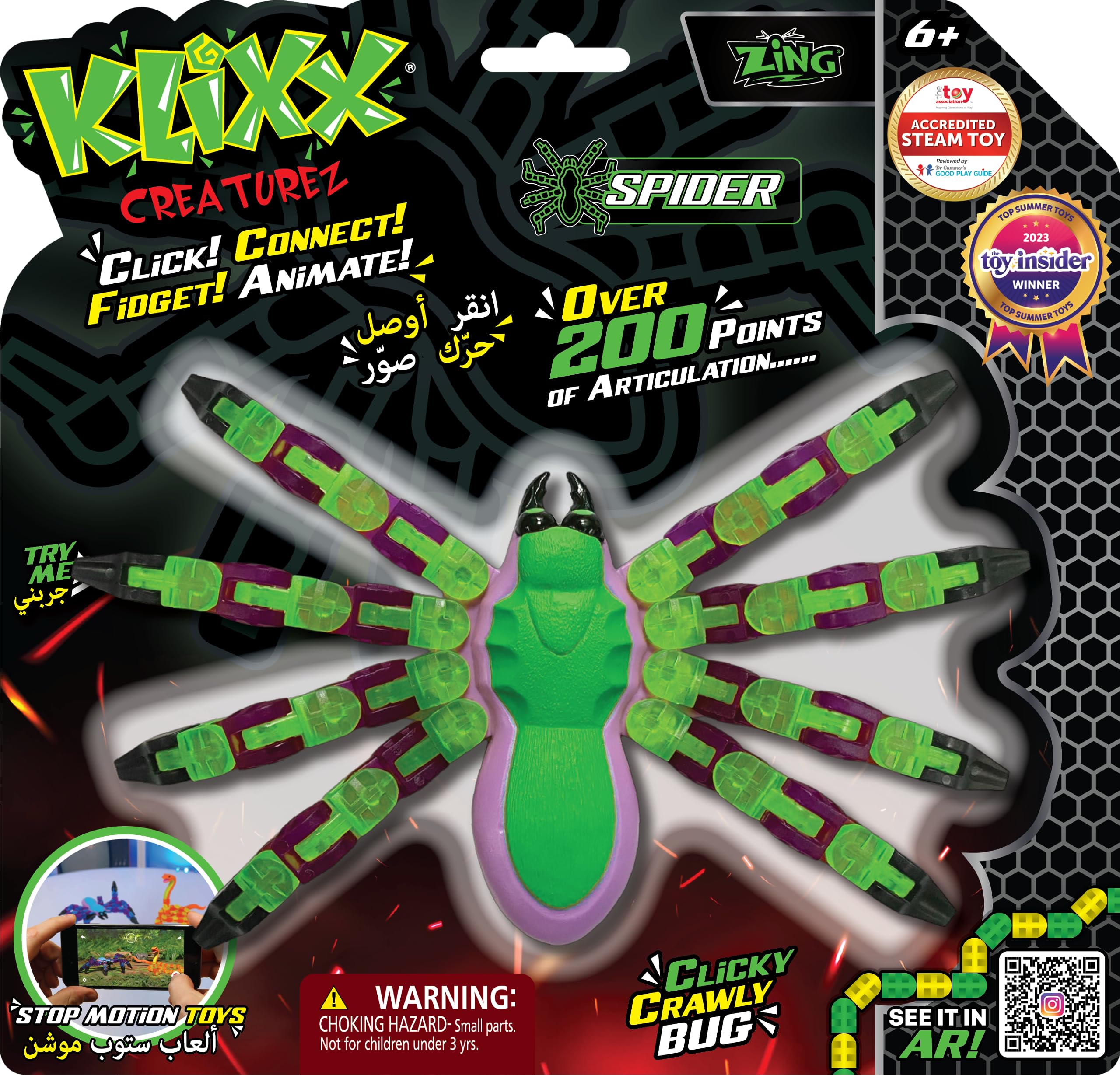 Klixx Creaturez Spider Fidget Toy, Snap-and-Click Interlocking Insect, Poseable 24 Inches Toy, Build Shapes, Create Animations- Bright Colors, for Ages 4+