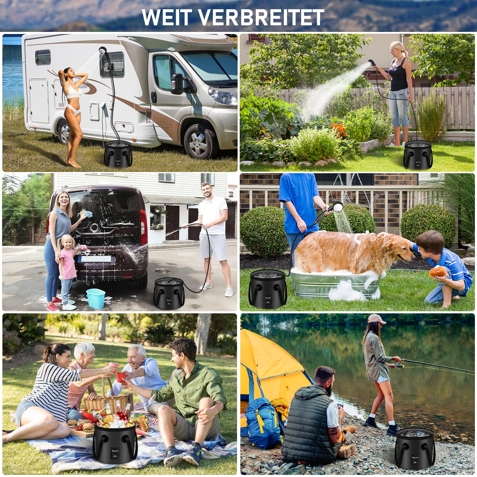 Spopal Campingdusche Tragbare, Campingdusche mit 20L Klappbarer Eimer, 6000mAh Camping Dusche Akku, Camping Dusche Outdoor Set mit Duschkopf und 2m Schlauch für Garten, Strand, Autowaschen, Haustier