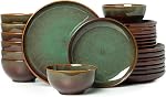 Stoneware Dinnerware Set for 4, POKINI 12 PCS Reactive Glaze Plates and Bowls Set, Handmade Ceramic Dishes Set, Highly Chip and Crack Resistant Modern Plate Sets, Brown Green