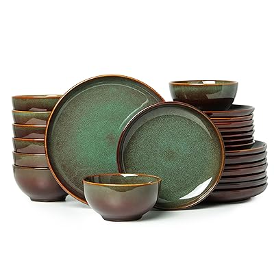 24 Piece Dinnerware Sets for 8, Modern Stoneware Plates and Bowls Setst, Perfect for Family Gatherings & Holiday Celebrations, Easy Cleaning Dishes Set, Stack Compactly Dishware, Brown Green