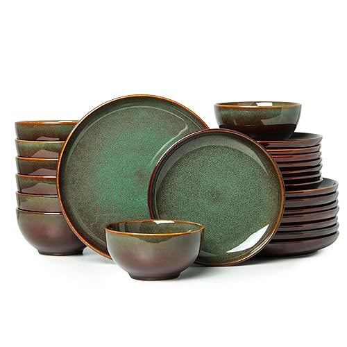 Pokini 24 Piece Dinnerware Sets for 8, Modern Stoneware Plates and Bowls Setst, Perfect for Family Gatherings & Holiday Celebrations, Easy Cleaning Dishes Set, Stack Compactly Dishware, Brown Green - Brown Green - Service for 8-24Pcs (Cereal Bowl)